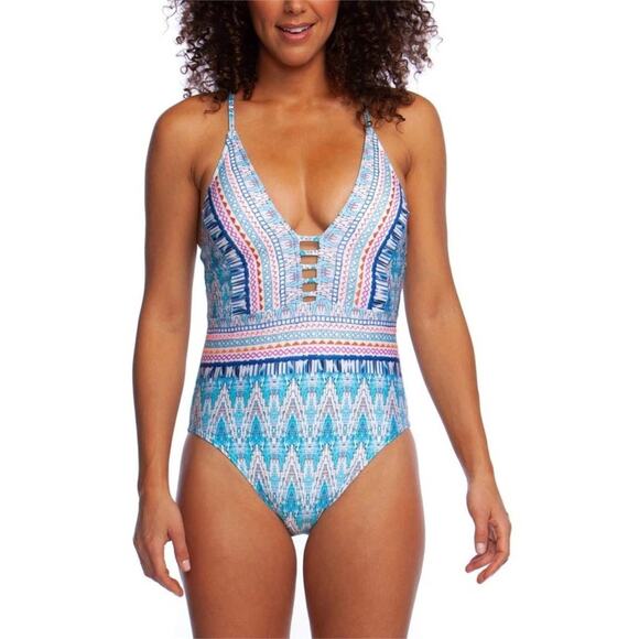 La Blanca NWT One-Piece Swimsuit Embroidered Milano Low Cut Plunge Size 14 - Picture 11 of 12